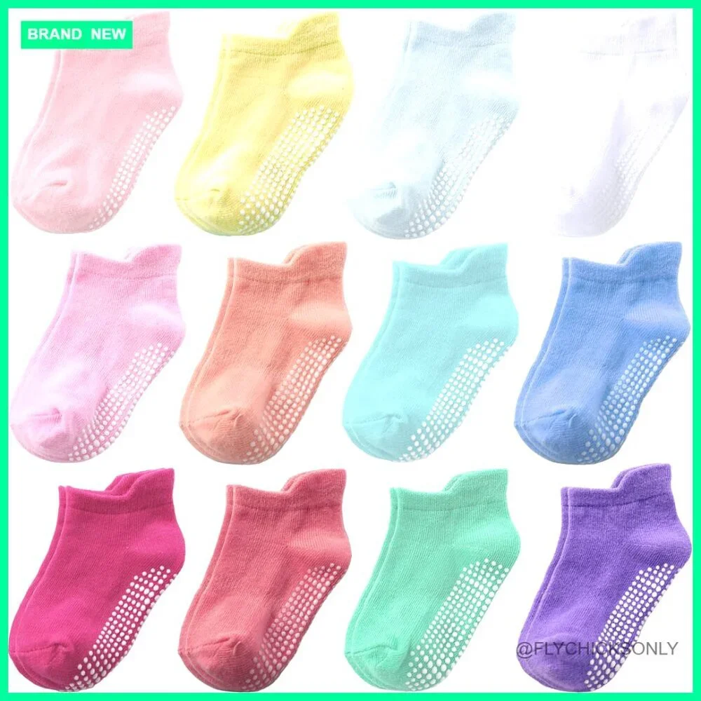 Kids Non-Slip Grip Socks 12-Pack Cotton Ankle Socks 6M-7Y